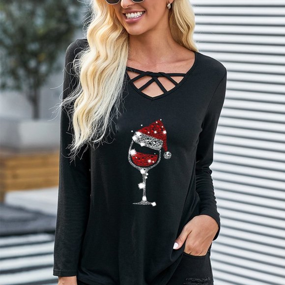 Christmas Santa Hat Wine Glass Criss Cross Vneck Shirt - Picture 6 of 8